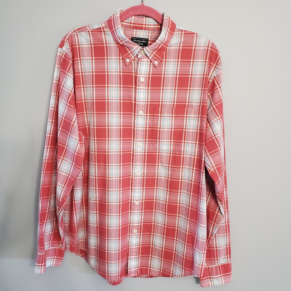 Abercrombie and Fitch Men's Dark pink white and blue Casual Button Down Shirt XL